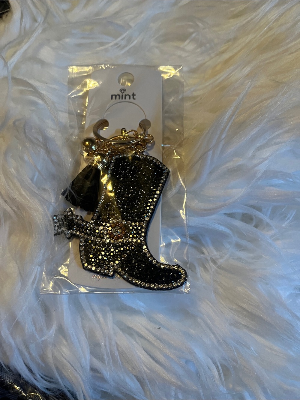 Black Rhinestone Cowboy Boot Bag Charm Keyring